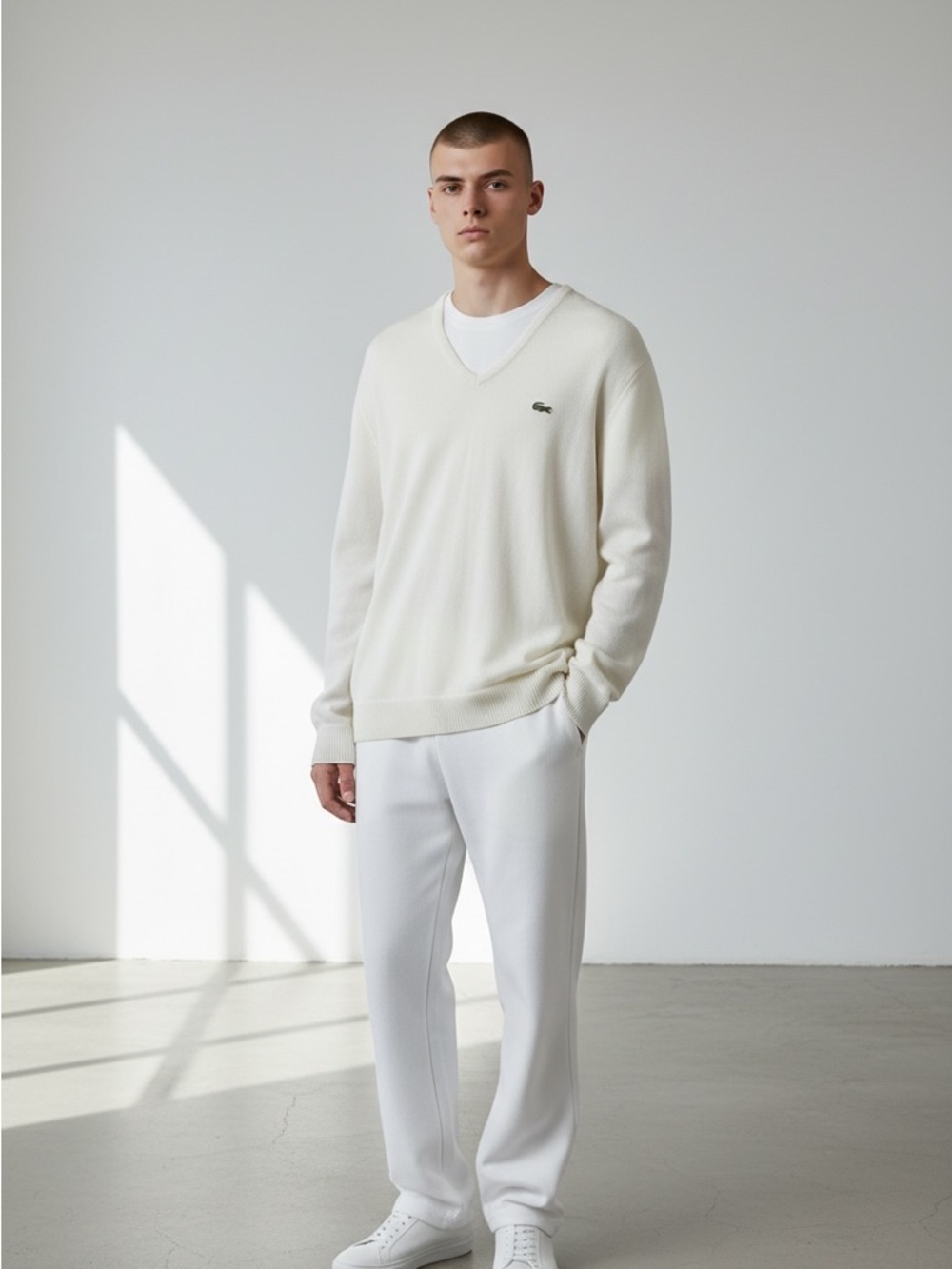 Lacoste Men's V-Neck Sweater in Off-White